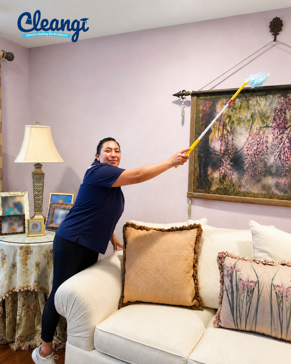 Cleaner working during a recurring home-cleaning visit
