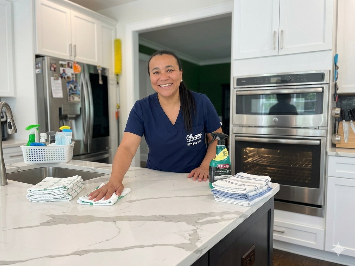 Cleangi team member cleaning a kitchen